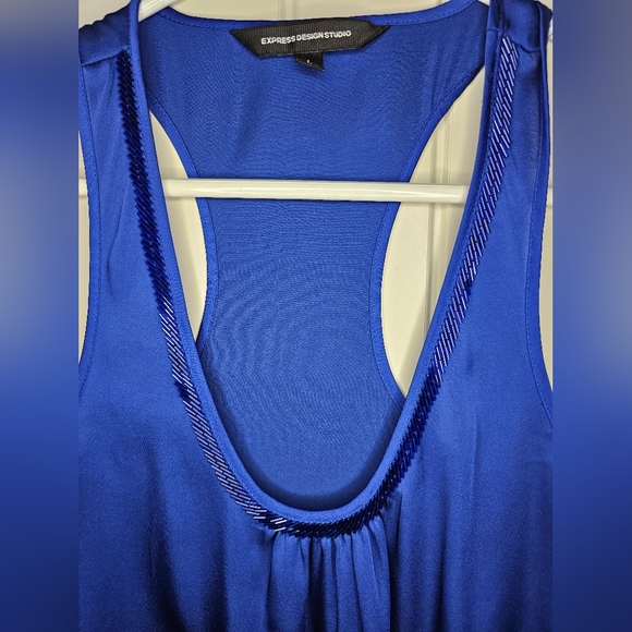 ❗️(3)/$25❗[EXPRESS] Design Studio Cobalt Blue Tank top Beaded NecklineFringe [L] - Picture 2 of 9